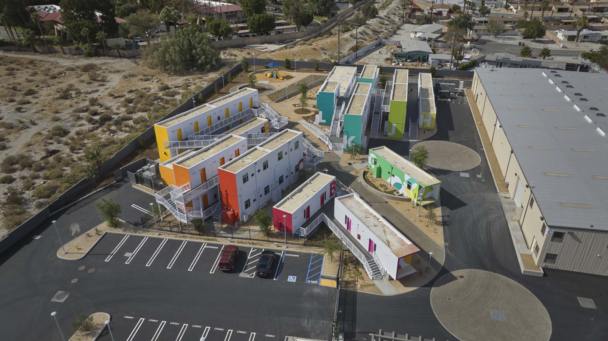 birds-eye view of modular housing units