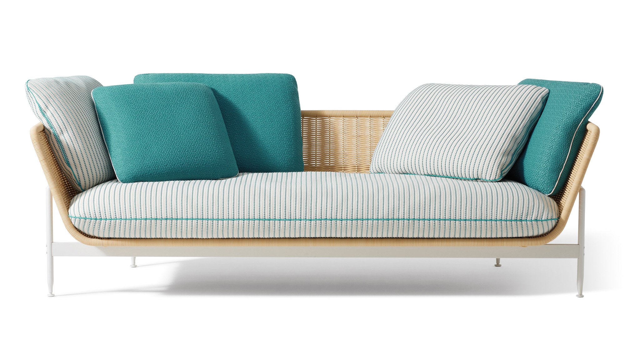 A comfortable 3 seater outdoor sofa with striped and blue contrasting cushions.