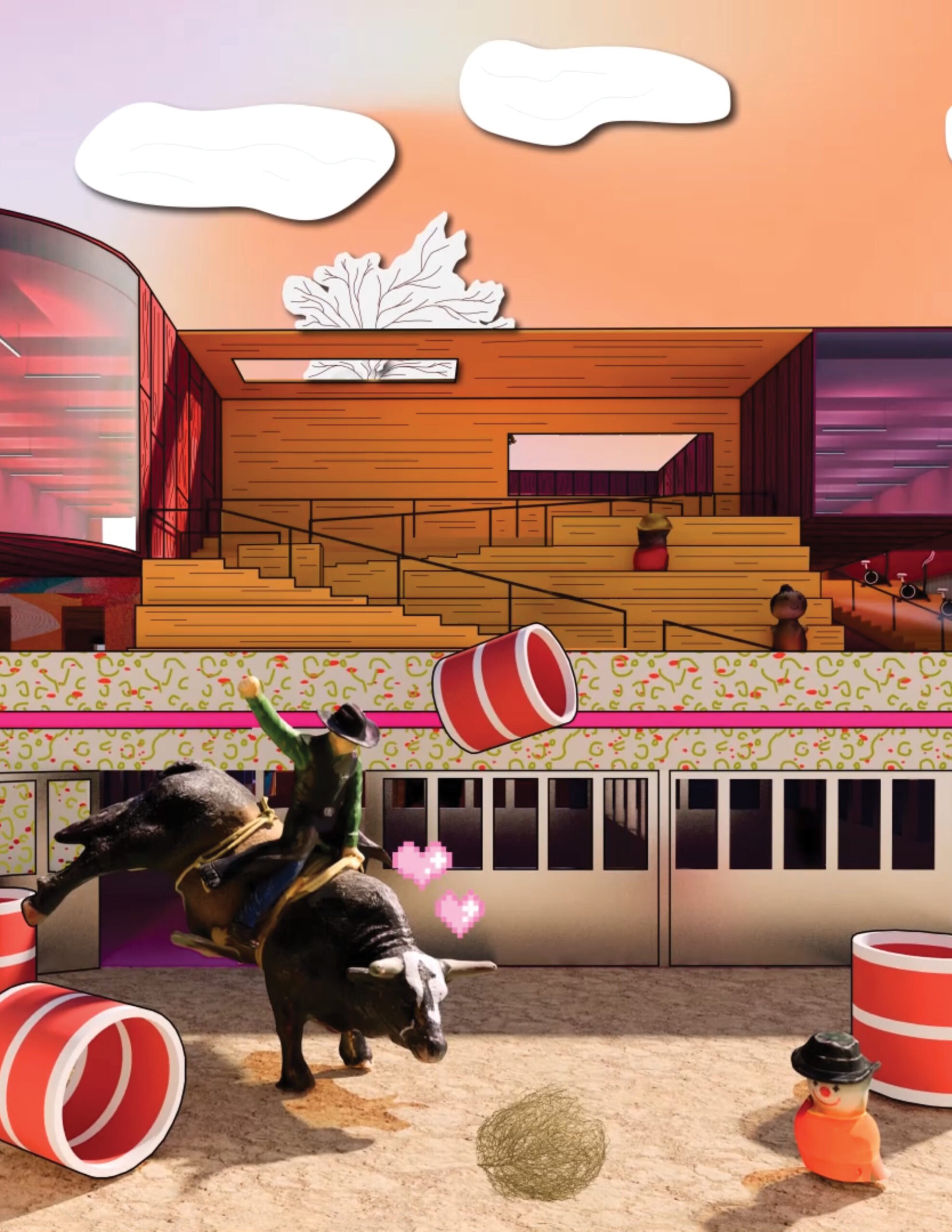 An illustration in pink and orange colors of a man on a bull and candy like tubes flying around.