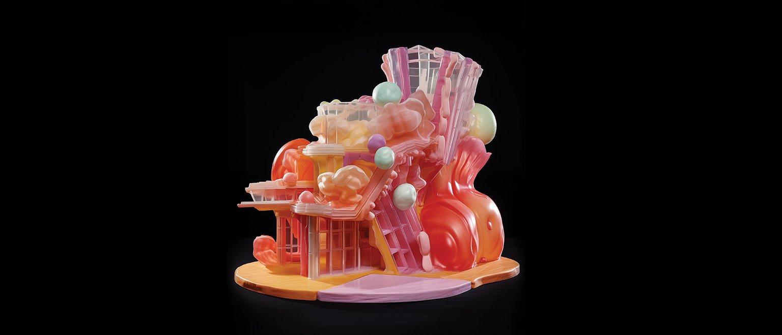 A 3D visualization of a pink and orange gummy bear and candy themed architecture model.