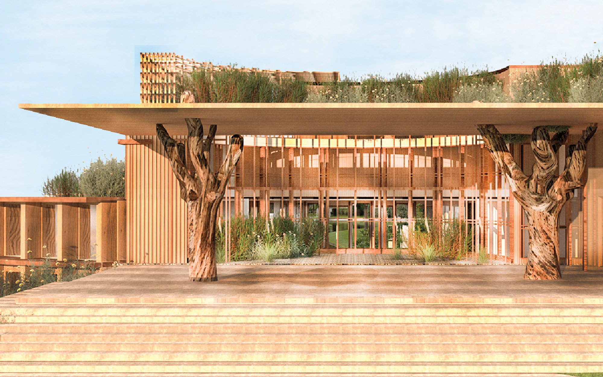 Rendering of a building with trees as the two columns of either side
