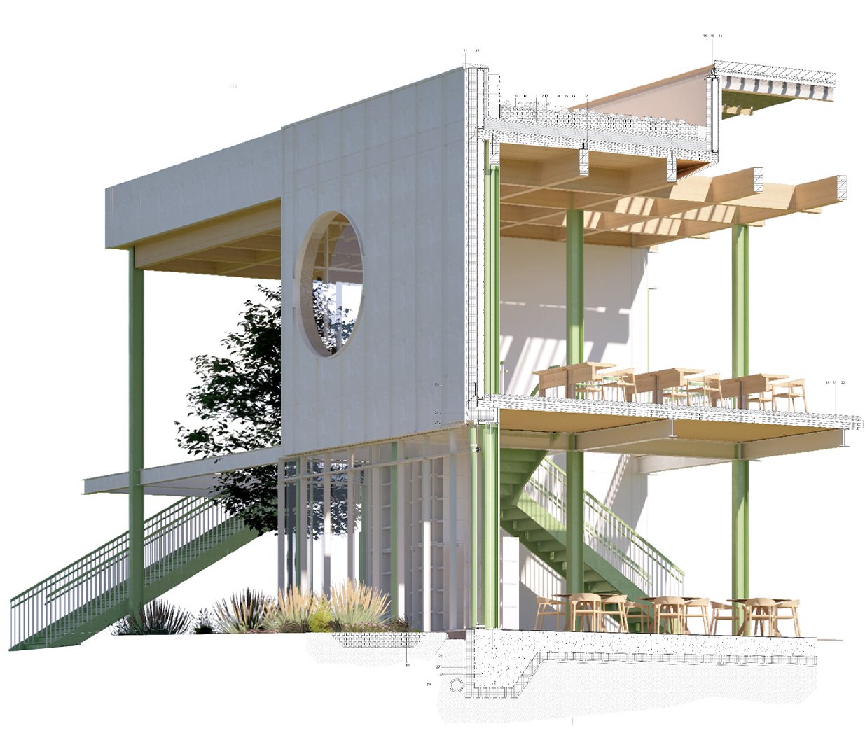 A 3D render of the exterior showing chairs inside the floor and wall dimensions