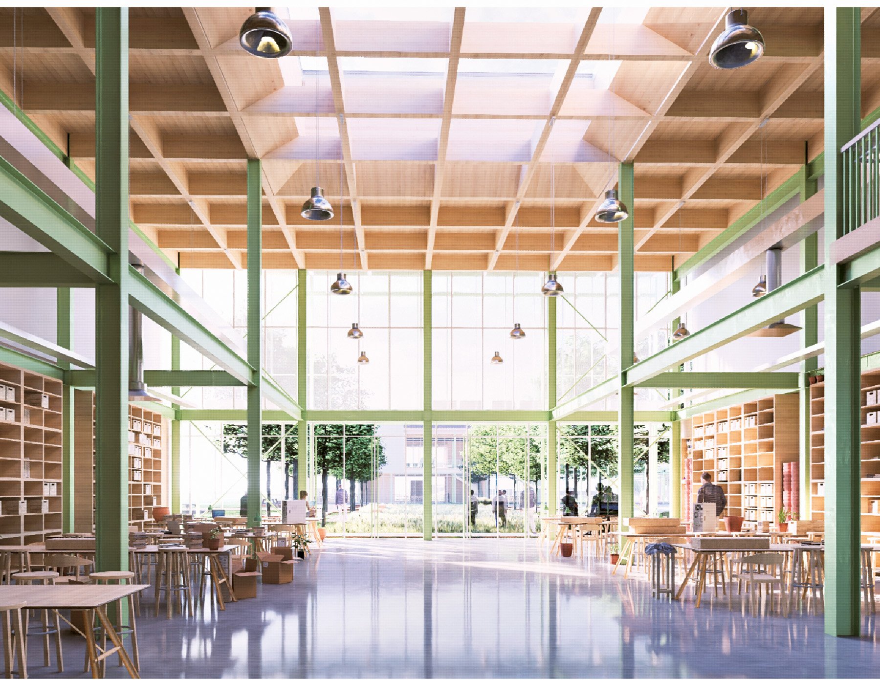 An indoor space with large glass windows throwing lots of sunlight and exposed green column and beams made in steel.