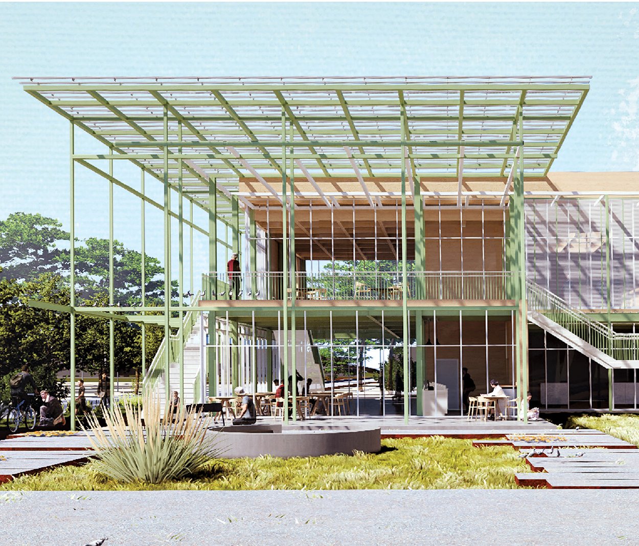 outdoor of the green column and beam structure of the building.