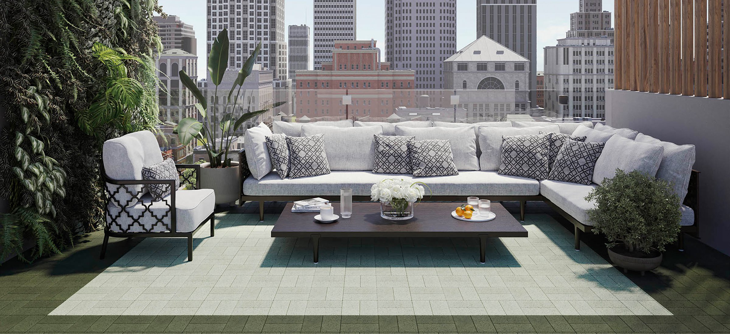 Outdoor living space with lounging sofas on a sunny day