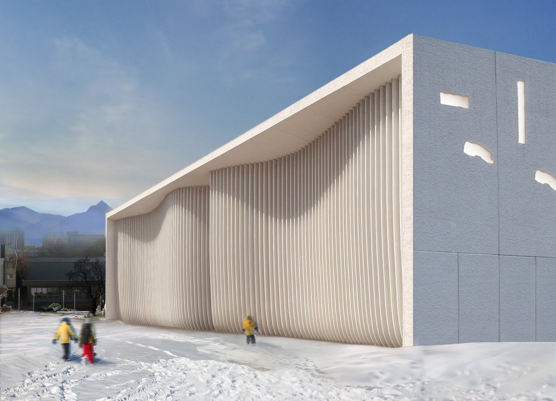 A wavy facade fitted inside a box like building structure with kids playing outside on a snowy day.